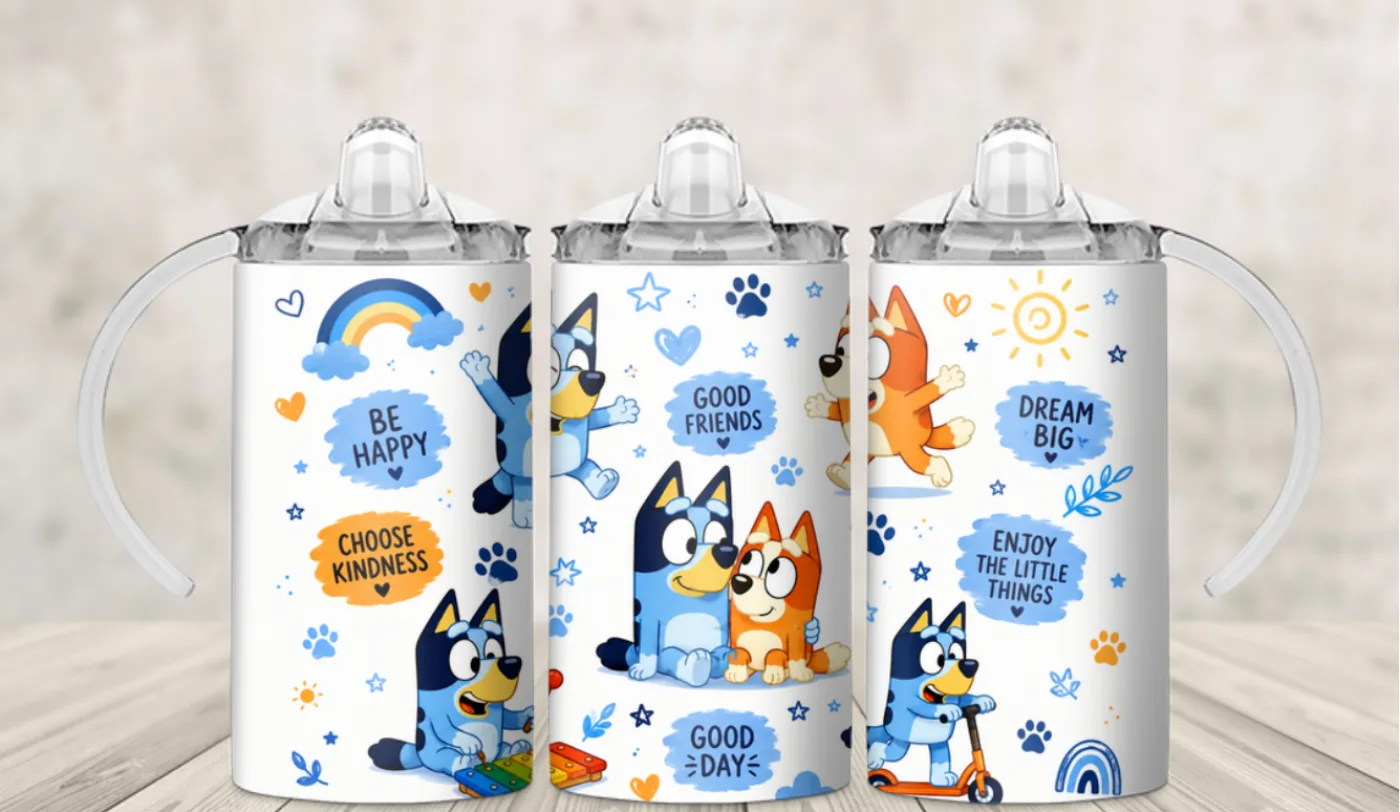 Kids sippy cup wrap with a blue cartoon dog family and Choose Kindness lettering