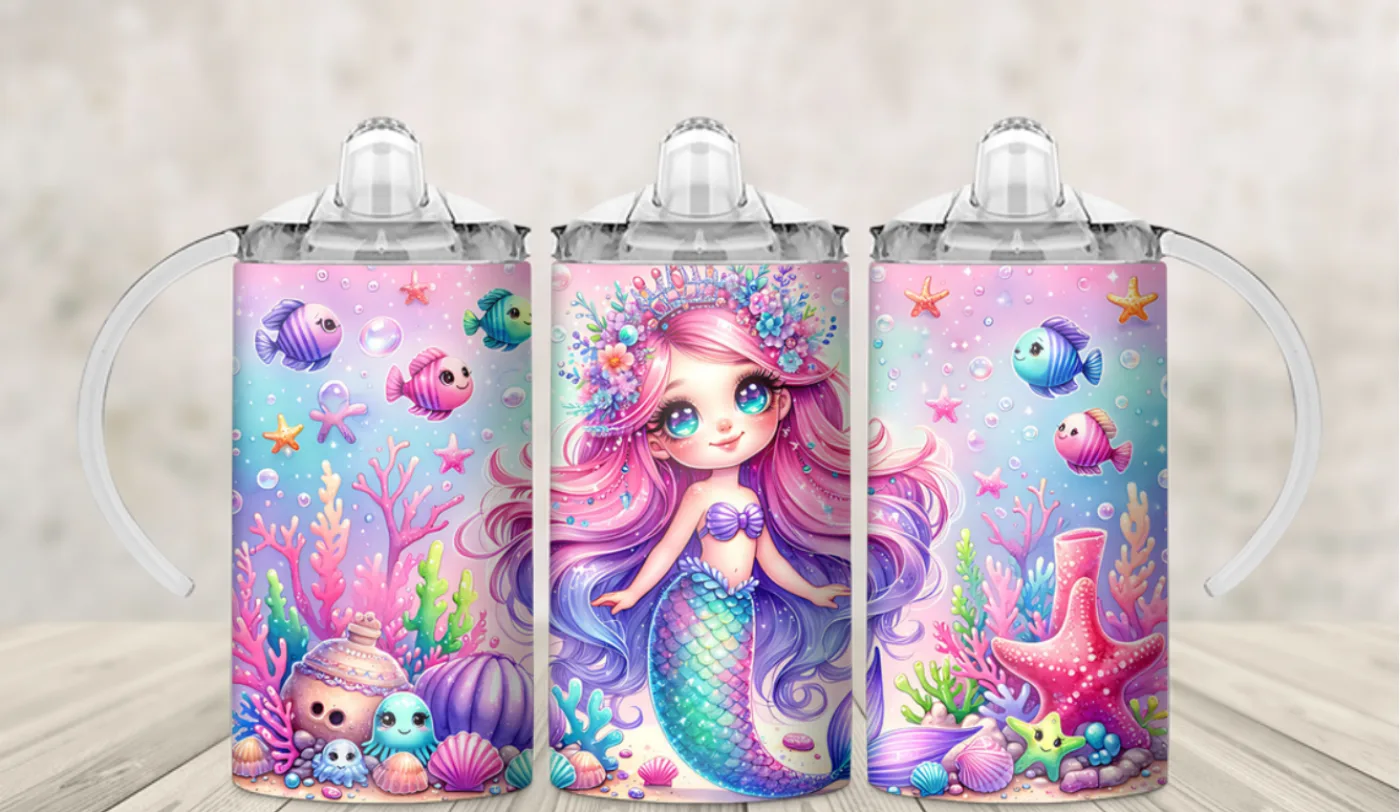 Kids sippy cup wrap with a mermaid, seahorses and a coral reef