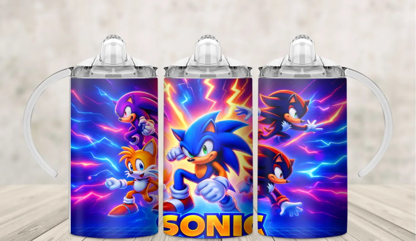 Kids sippy cup wrap with cartoon hedgehog characters in neon racing colours