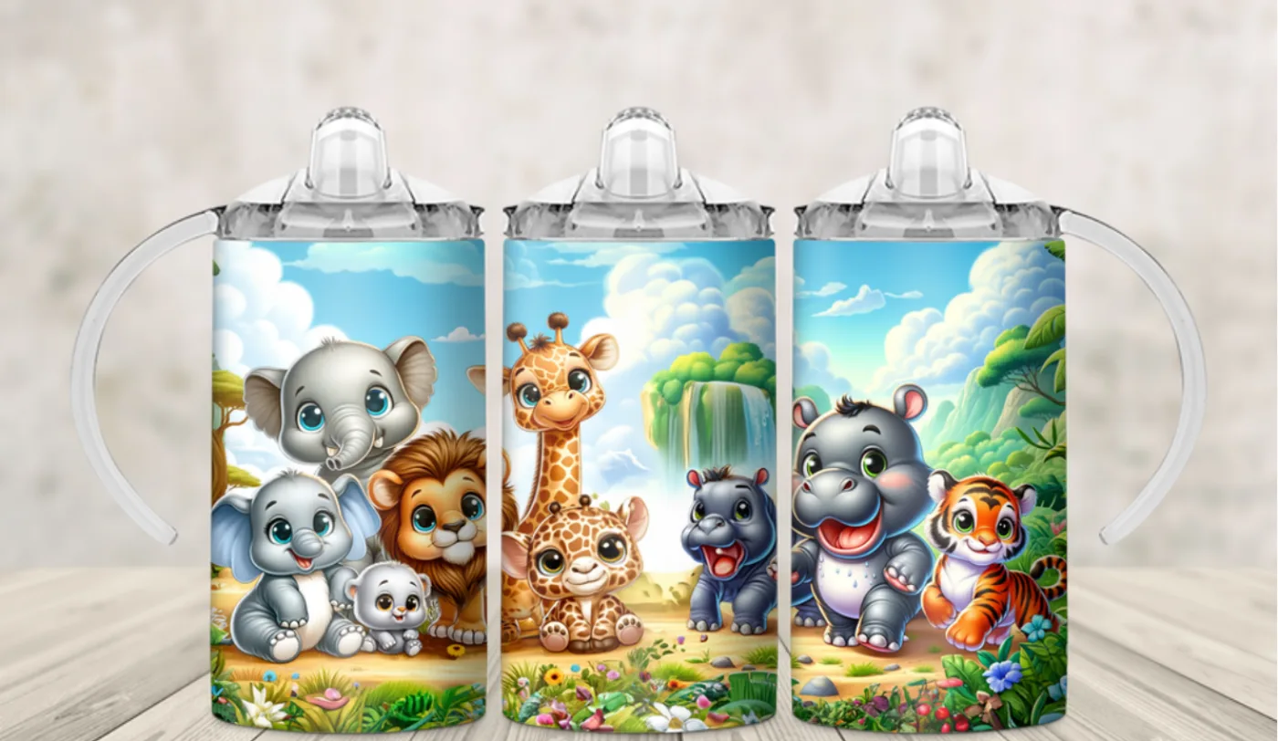 Kids sippy cup wrap with baby safari animals in tall grass