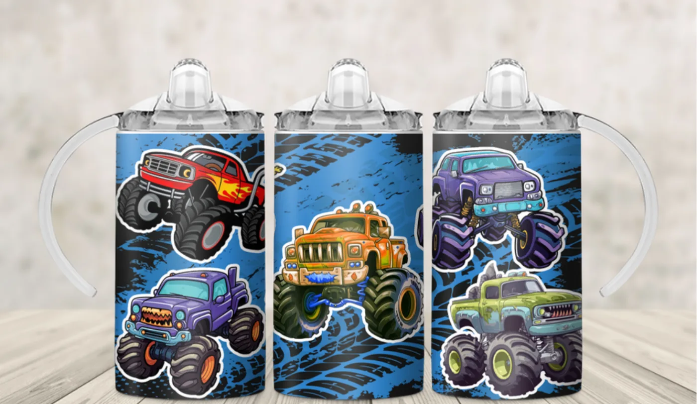 Kids sippy cup wrap with monster trucks on a dark industrial grid