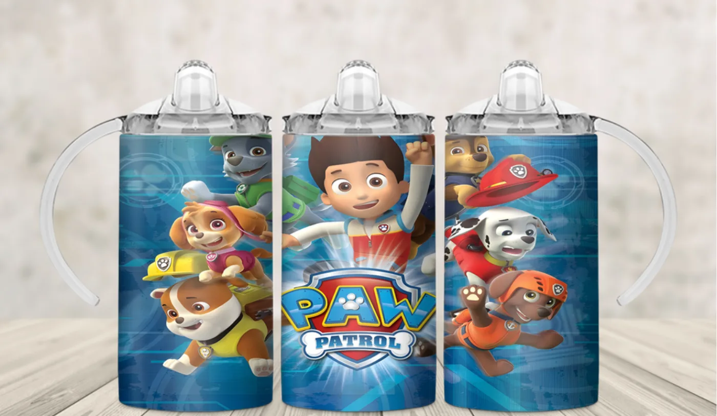 Kids sippy cup wrap with the full cartoon rescue puppy team and their leader