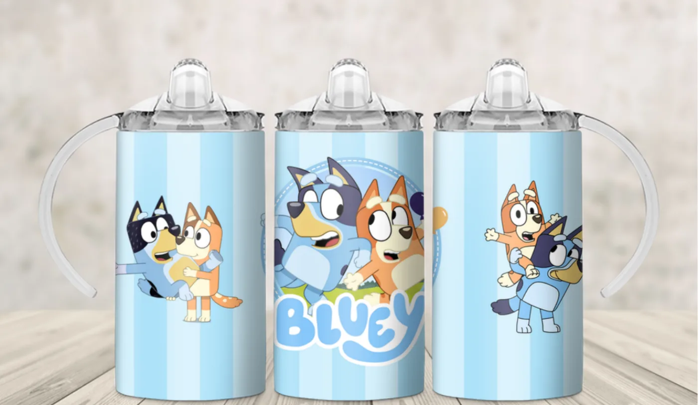 Kids sippy cup wrap with a blue cartoon dog family on pale blue