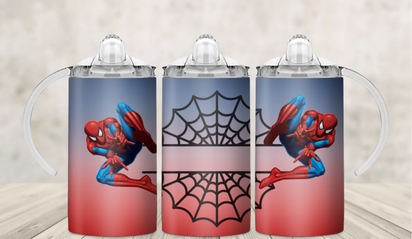 Kids sippy cup wrap with a red and blue web-slinging superhero and spiderwebs