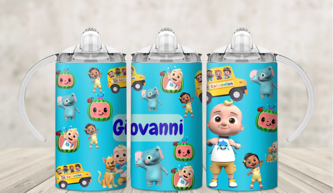 Kids sippy cup wrap with cartoon nursery-rhyme babies, a school bus and a printed name