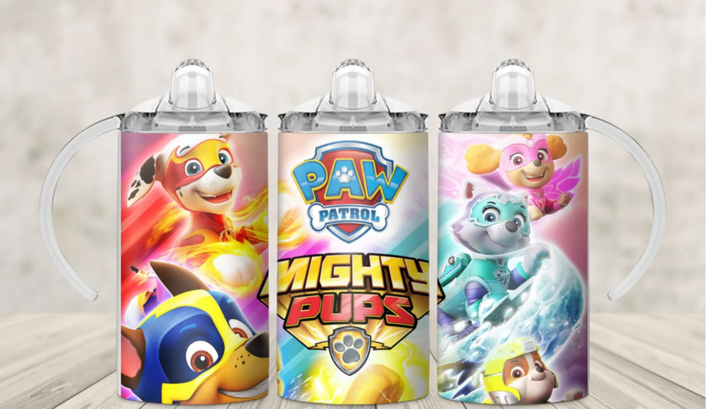 Kids sippy cup wrap with cartoon rescue puppies in hero suits on bright yellow