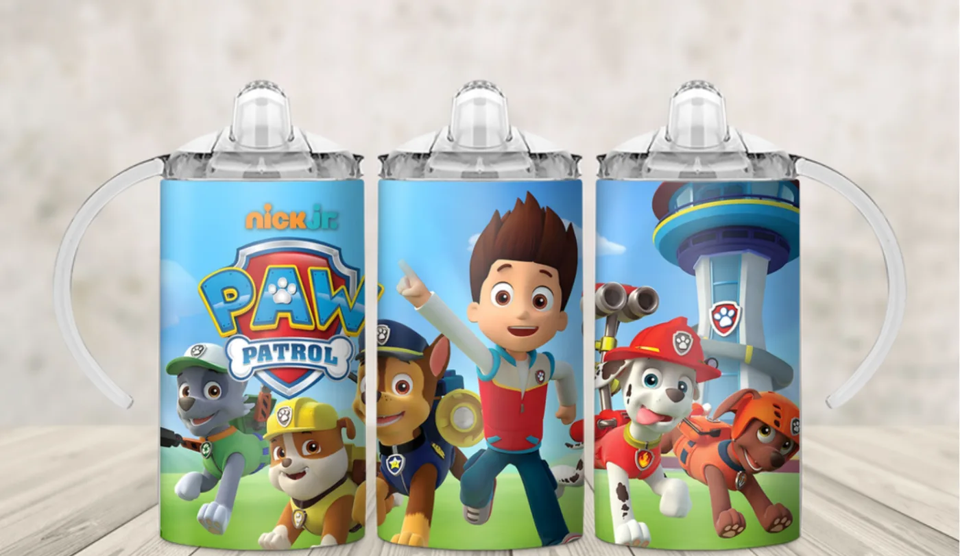 Kids sippy cup wrap with the cartoon rescue puppy crew and their lookout tower