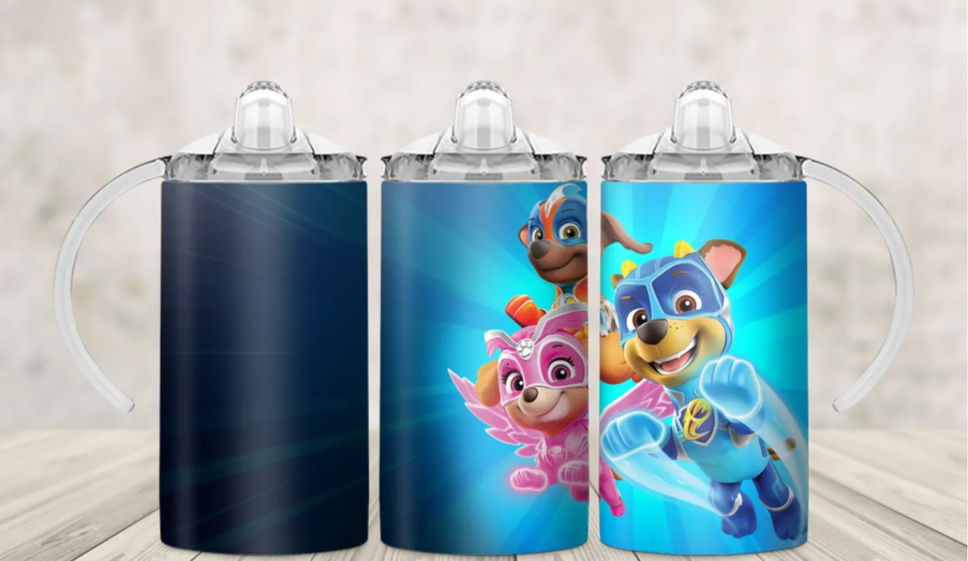 Kids sippy cup wrap with cartoon rescue puppies on a deep navy night background