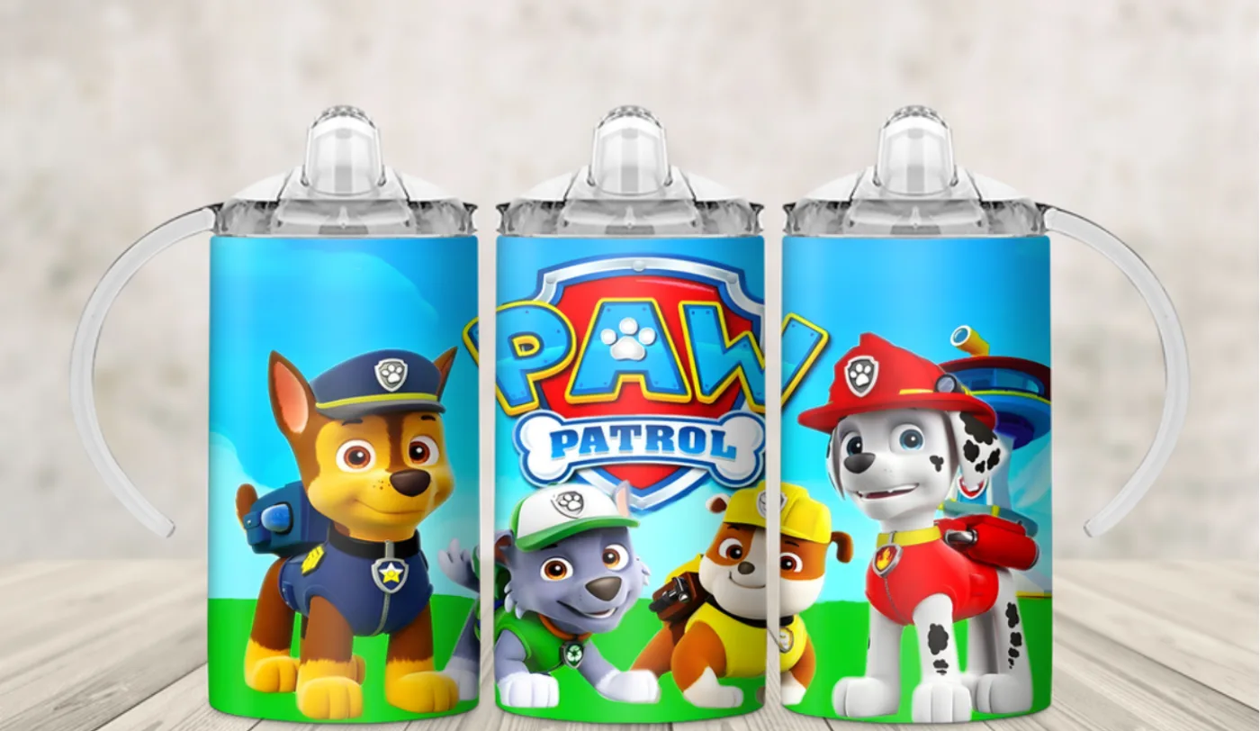 Kids sippy cup wrap with three cartoon rescue puppies side by side