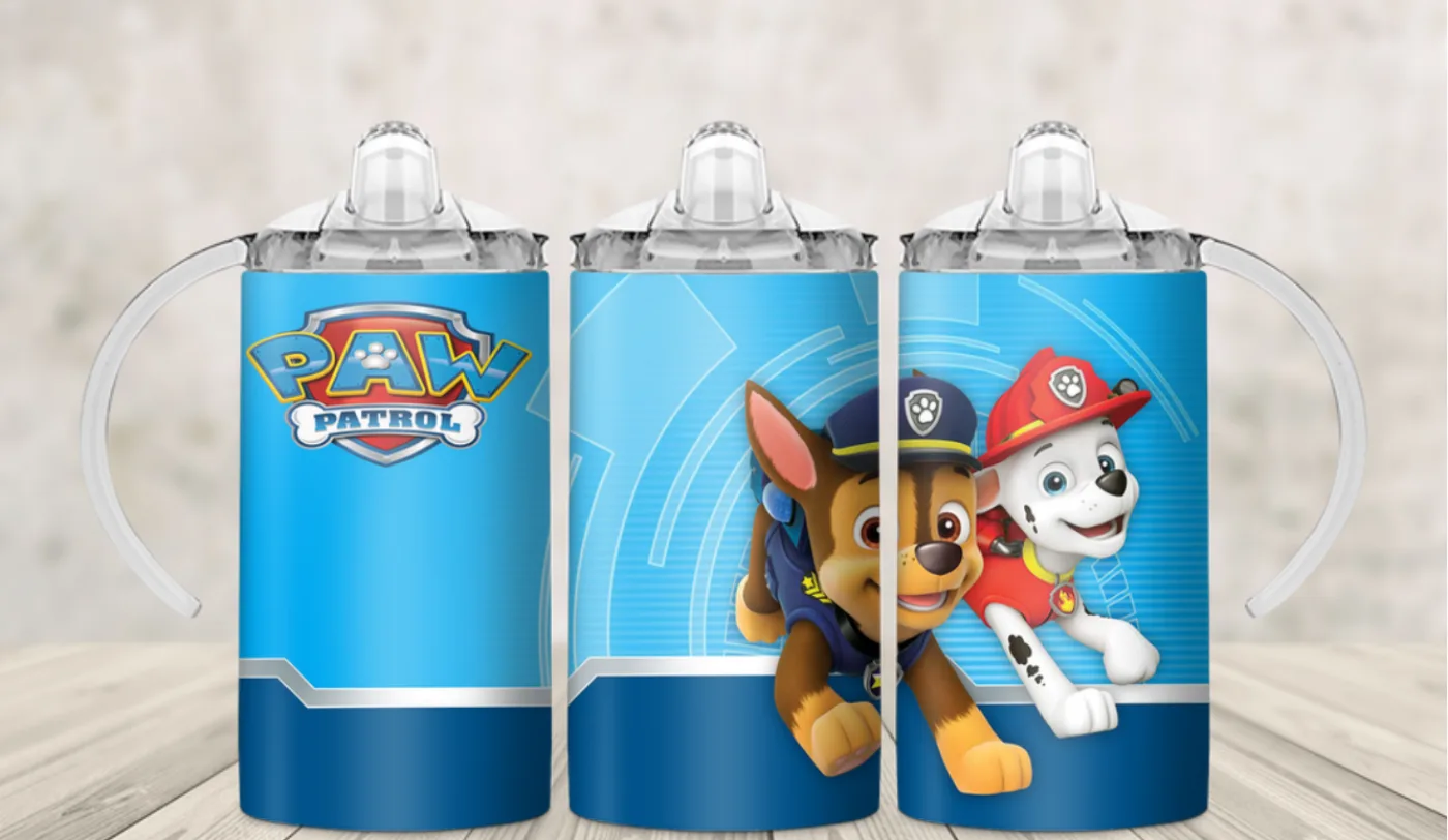 Kids sippy cup wrap with a cartoon rescue puppy badge on gradient blue