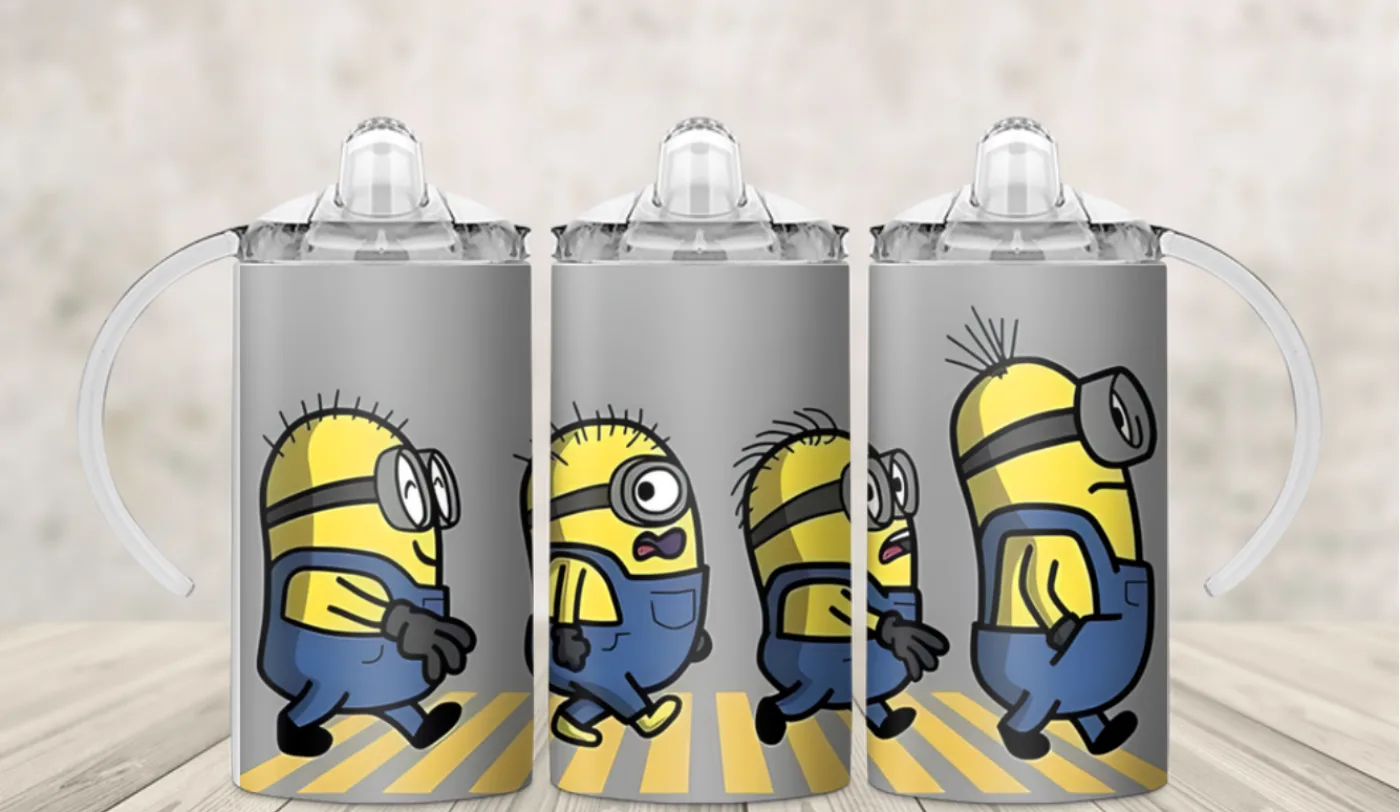 Kids sippy cup wrap with small yellow goggled cartoon helpers on grey