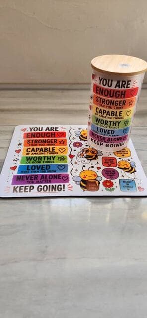 You Are Enough — glass & sticker set, Glass tumbler with bamboo lid